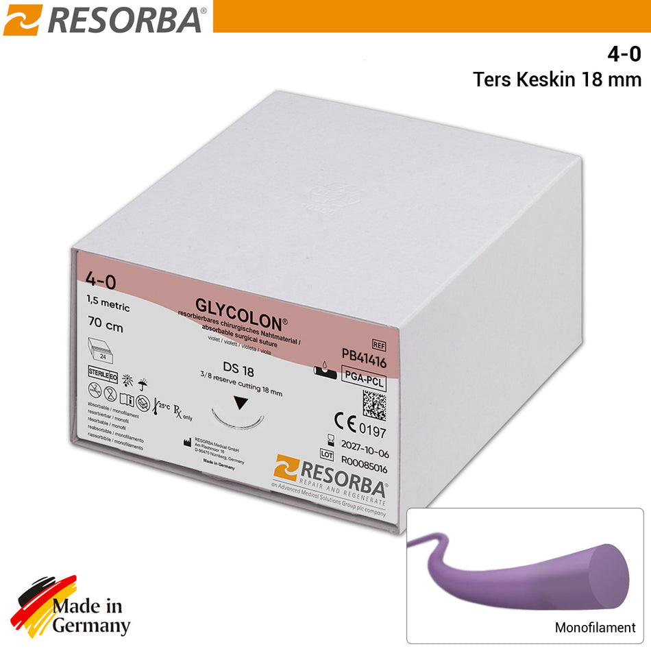 Resorba Glycolon Absorbable Monoflament Suture 4/0 - Reverse Cutting Needle